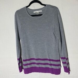 Max Studio Grey With Purple Stripes Extra Fine Merino Blend Light Sweater L